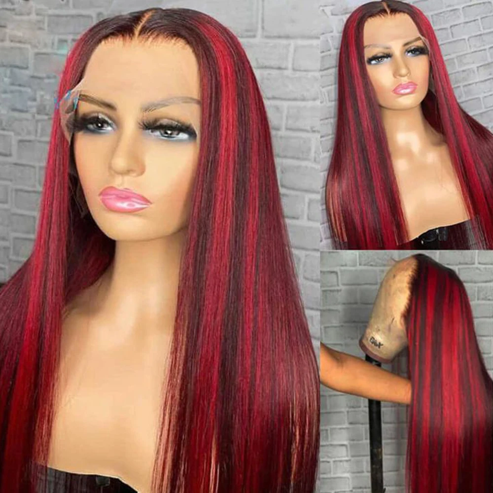 

Burgundy Red Highlights Black Color Hair 13x4 HD Lace Front Wigs 26 Inch Layered Synthetic Pre Plucked Hairline Long Straight