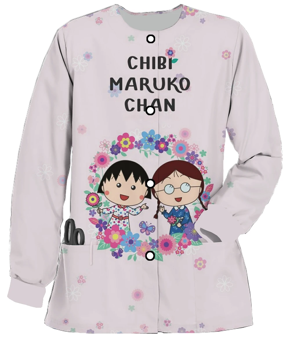 Pet shop dental children's center childlike cute Chibi Maruko-chan print work clothes affinity nursing clothes pocket cardigan