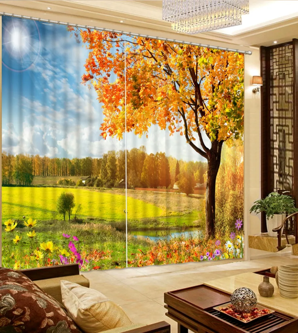 curtains 3d for living room Photo Customize size Fashion Customized blackout window curtains golden landscape curtains