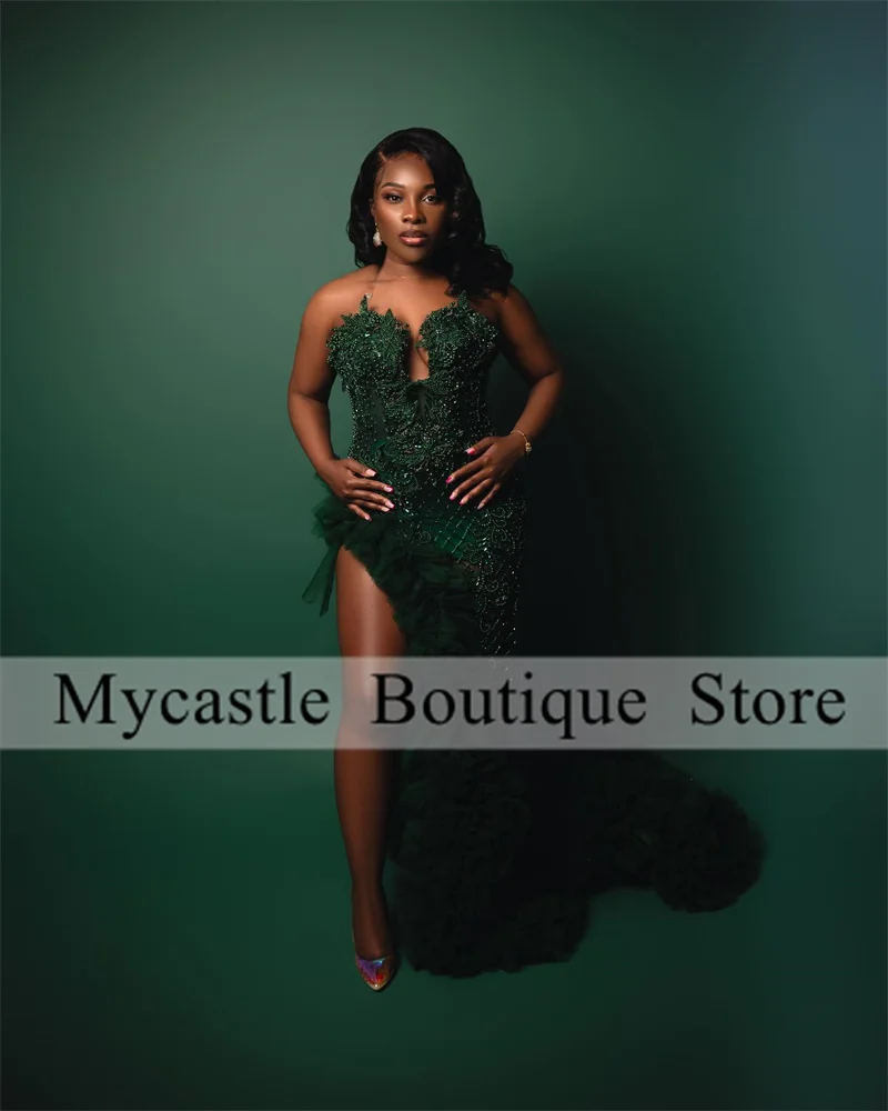 Aso Ebi Emerald Green Customized Prom Dress For Black Girls 2024 Sequin Rhinestone Beaded High Slit Ruffles Wedding Party Gowns