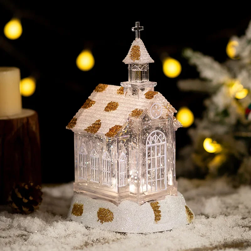 Small Lighted Christmas House LED Decorative Church Snow Globe Crystal Festival Ornaments for Holiday Gift Portable Decoration