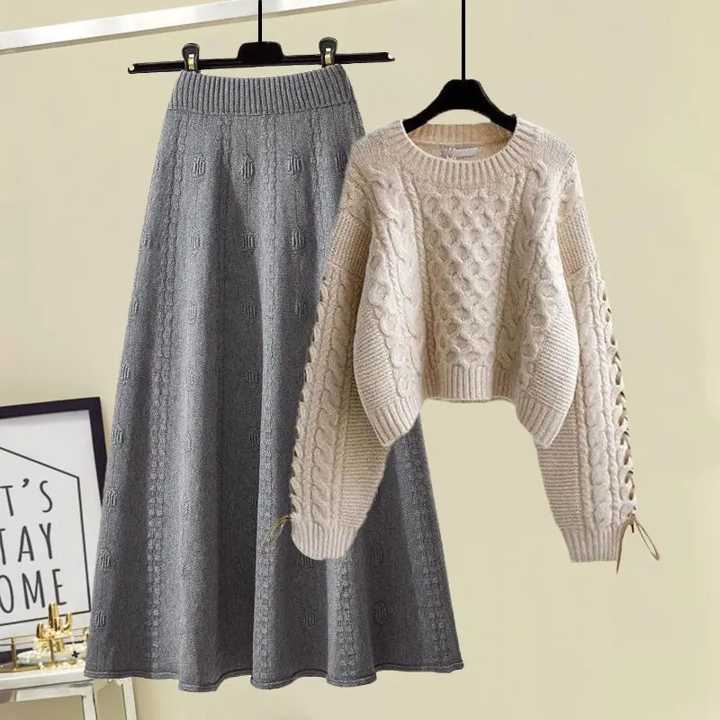 Outono e inverno conjunto feminino 2023 novo estilo coreano usar design sentir camisola de malha magro meia saia conjunto de duas peças