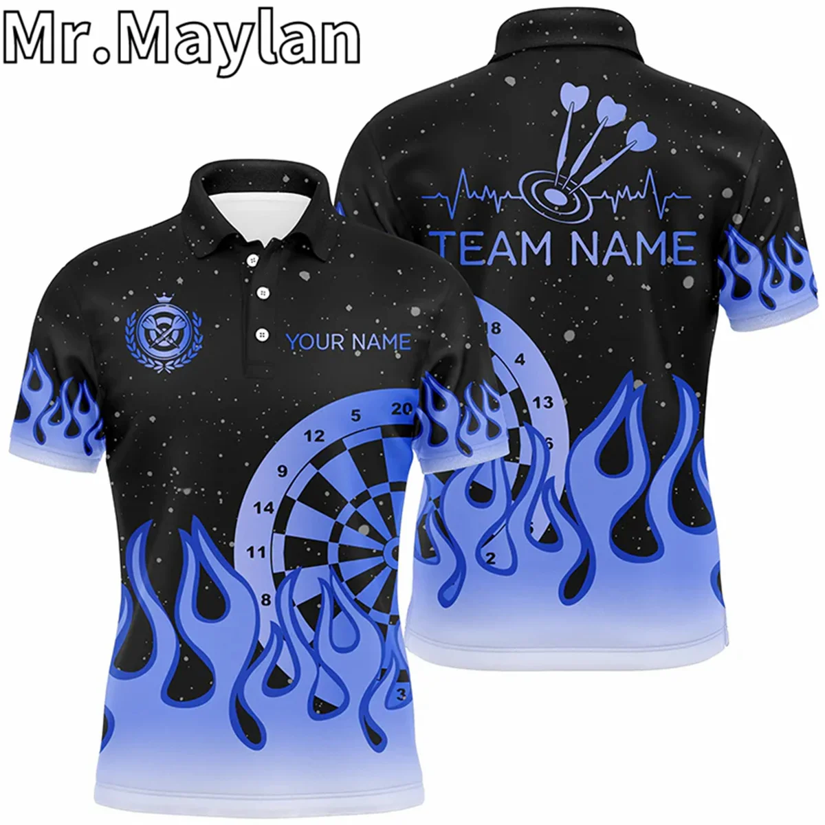 3D Funny Blue Crack Dartboard Thunder Lightning 3D Custom Men Darts Polo Shirts Darts Team Jersey Gifts For Darts Lovers Unisex