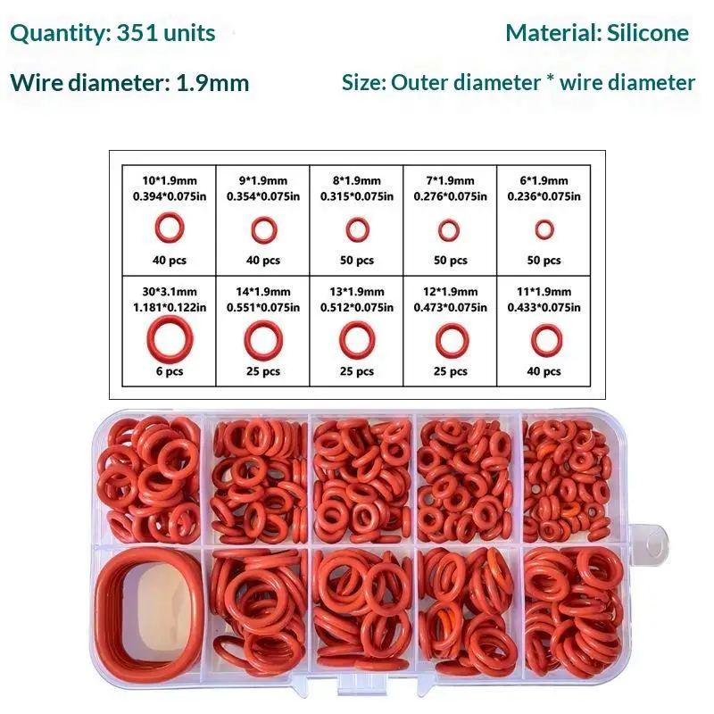 351-teiliges Silikon-O-Ring-Set in 10 Größen mit Aufbewahrungsbox, öl- und hitzebeständig, für Autos und Rohrleitungen, DIY-Zubehör – Detail 4