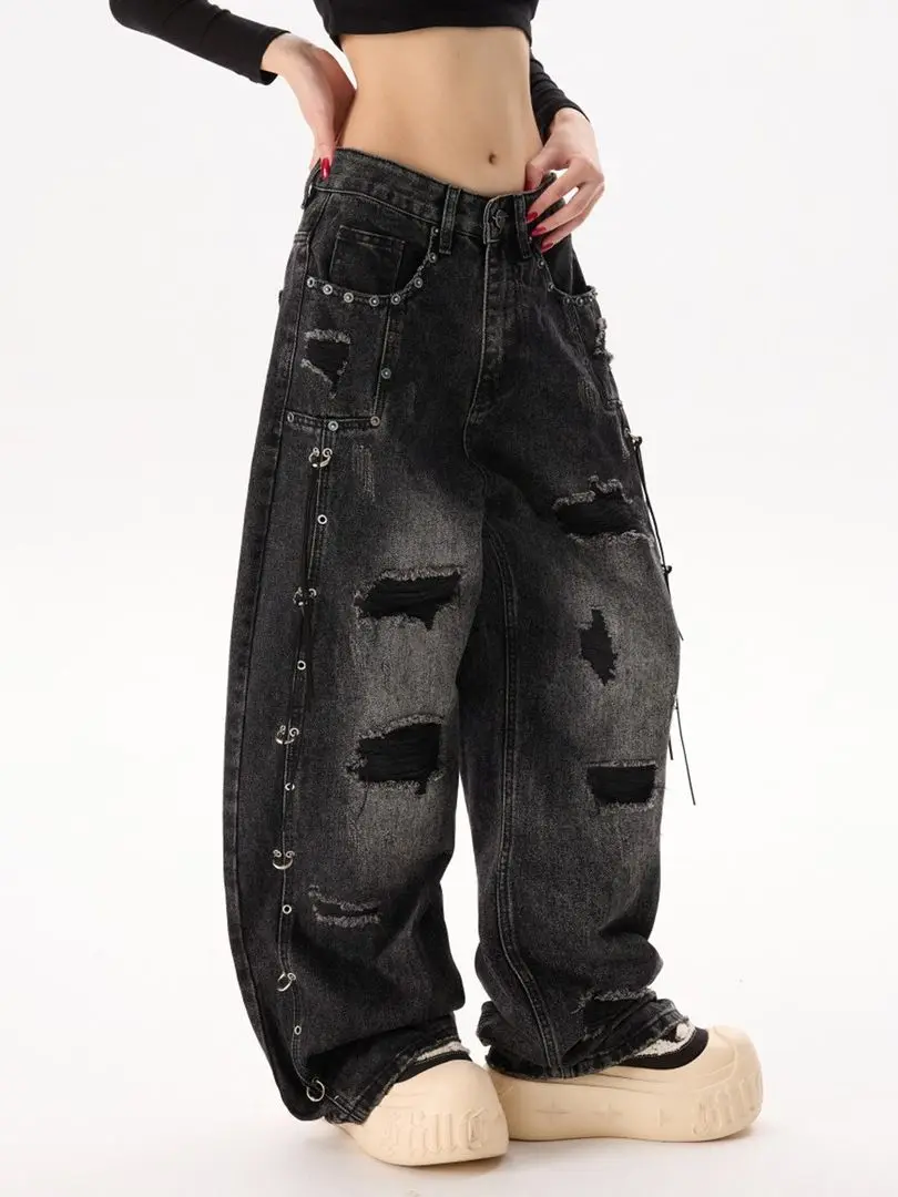 Women Cargo Black Harajuku Blue Jeans Y2K Wide Leg Baggy Punk Denim Trouser Vintage 2000s Aesthetic Emo Loose Washed Pant