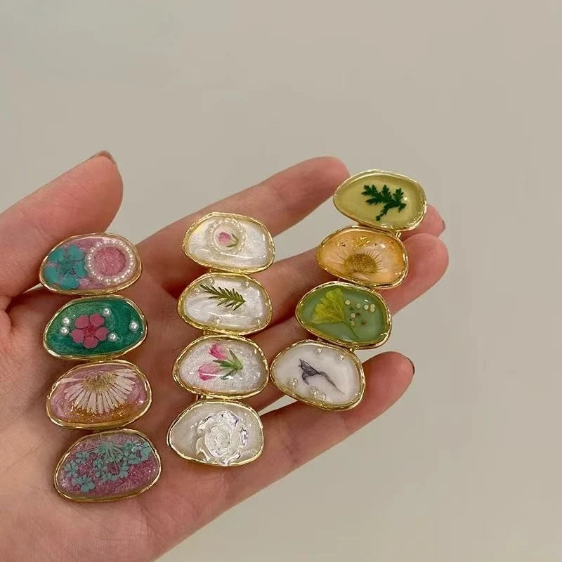 Oval Alloy Resin Dried Flower Hair Clip Glitter Sand Gold Flakes Pearl Duckbill Claw Side Bangs Barrettes New Hair Accessories view 3