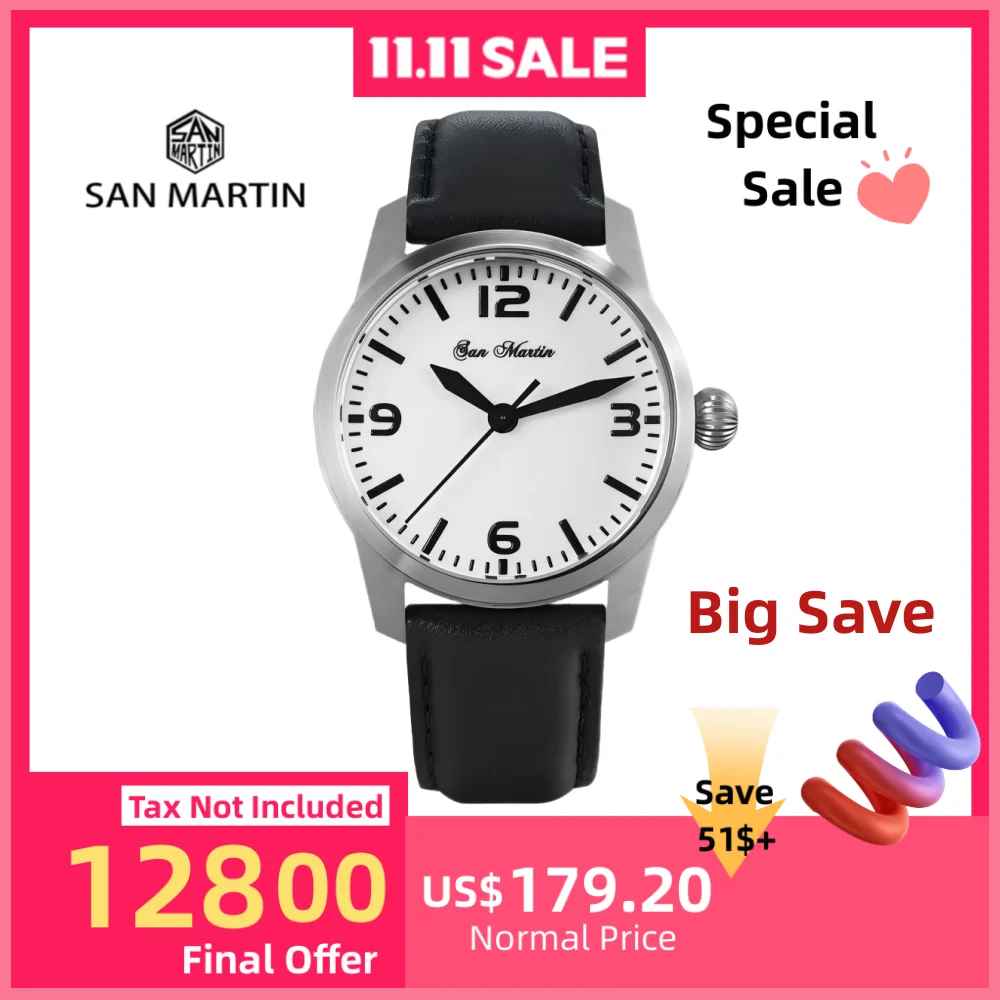 

San Martin 38mm YN55 Mechanical Automatic Timepiece Waterproof Pilot Watches Wristwatch Luminous Niche Montre 10Bar SN0022