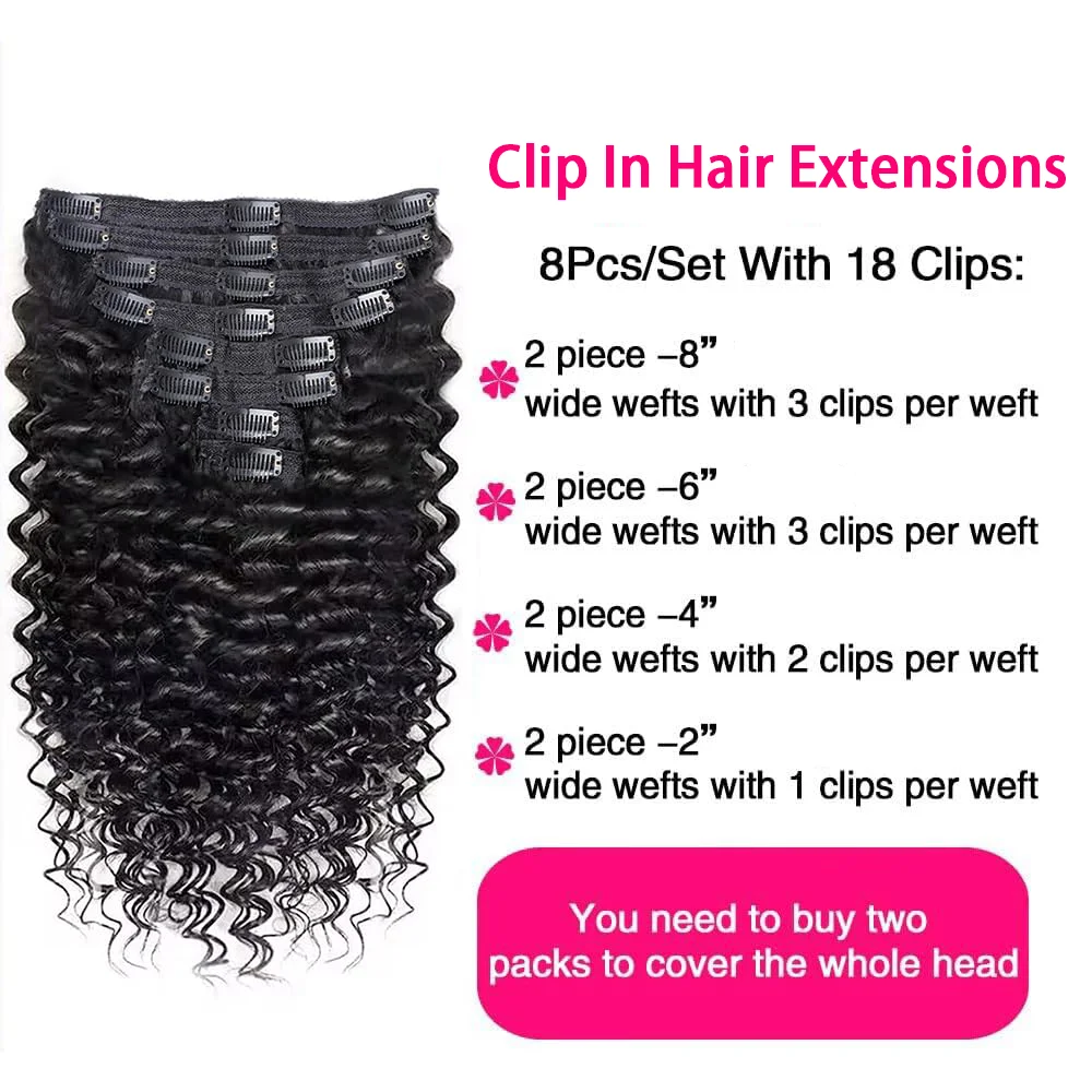 Clip In Hair Extensions Natural Black Deep Wave Full Head Brazilian 100% Human Hair Clip In Extensions 16 To 26 Inches Remy Hair