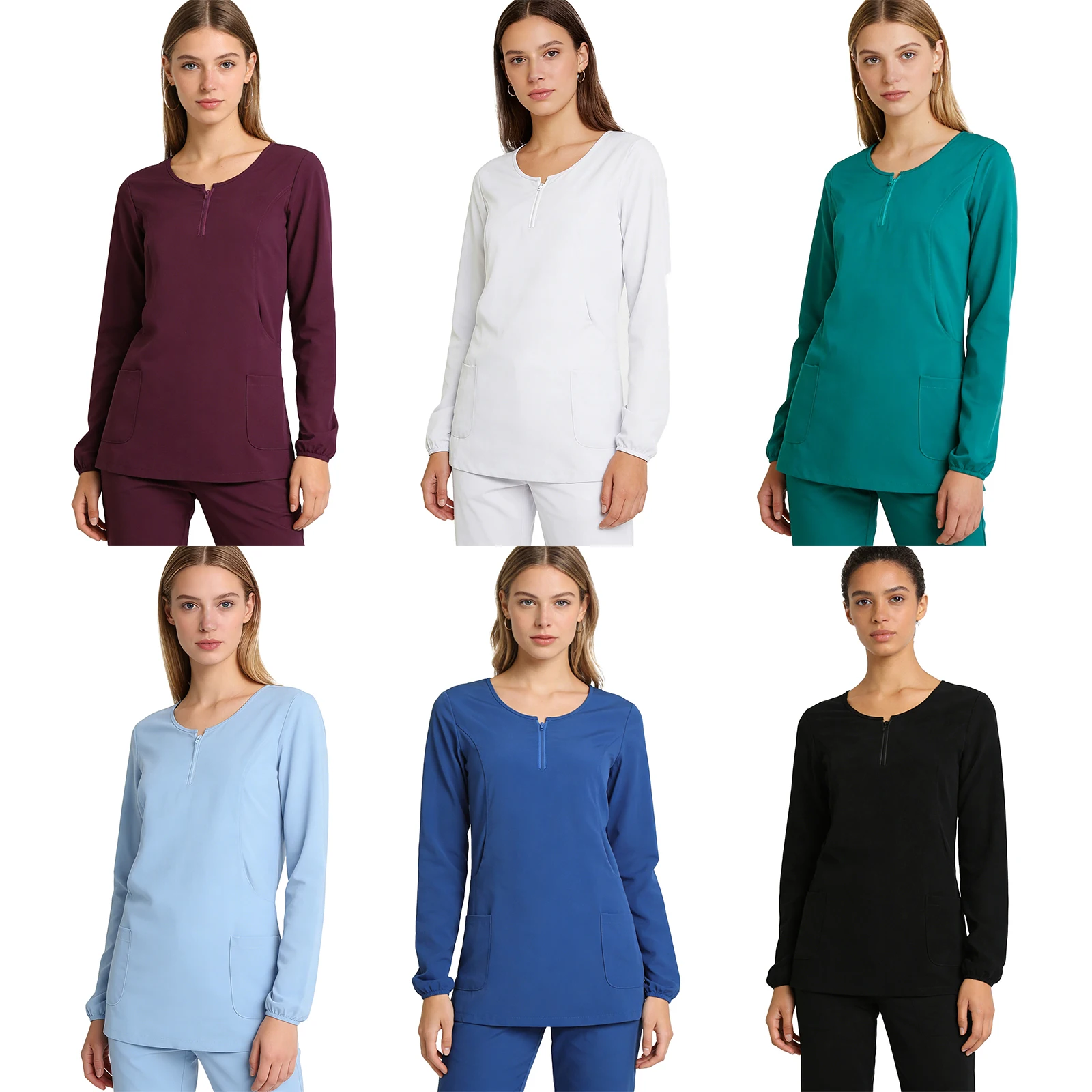 

Женская медицинская рубашка-пуловер с длинным рукавом, на молнии, с круглым вырезом, с множеством карманов, для операционных и стоматологических клиник