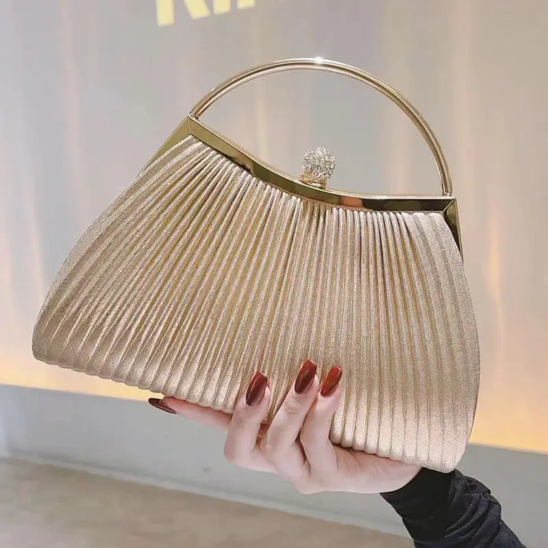 New Pleated Evening Chain Handbag Women Top Handle Glitter Day Clutch Ladies Wedding Dinner Dressed Clip Bag Diamond Party Purse