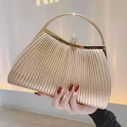 New Pleated Evening Chain Handbag Women Top Handle Glitter Day Clutch Ladies Wedding Dinner Dressed Clip Bag Diamond Party Purse