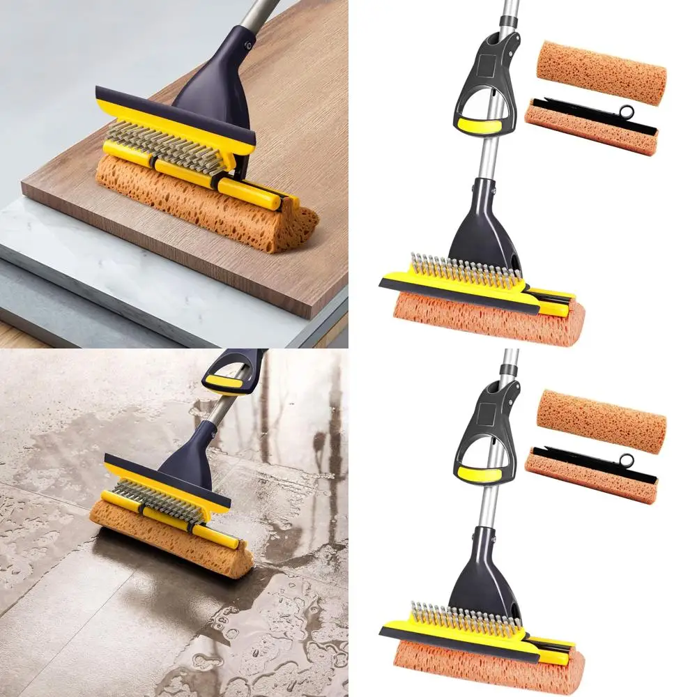 

Telescopic Sponge Mop for Home: 2-Head Tile & Garage Floor Cleaner, 42.5-52 Adjustable, Easy-Squeeze