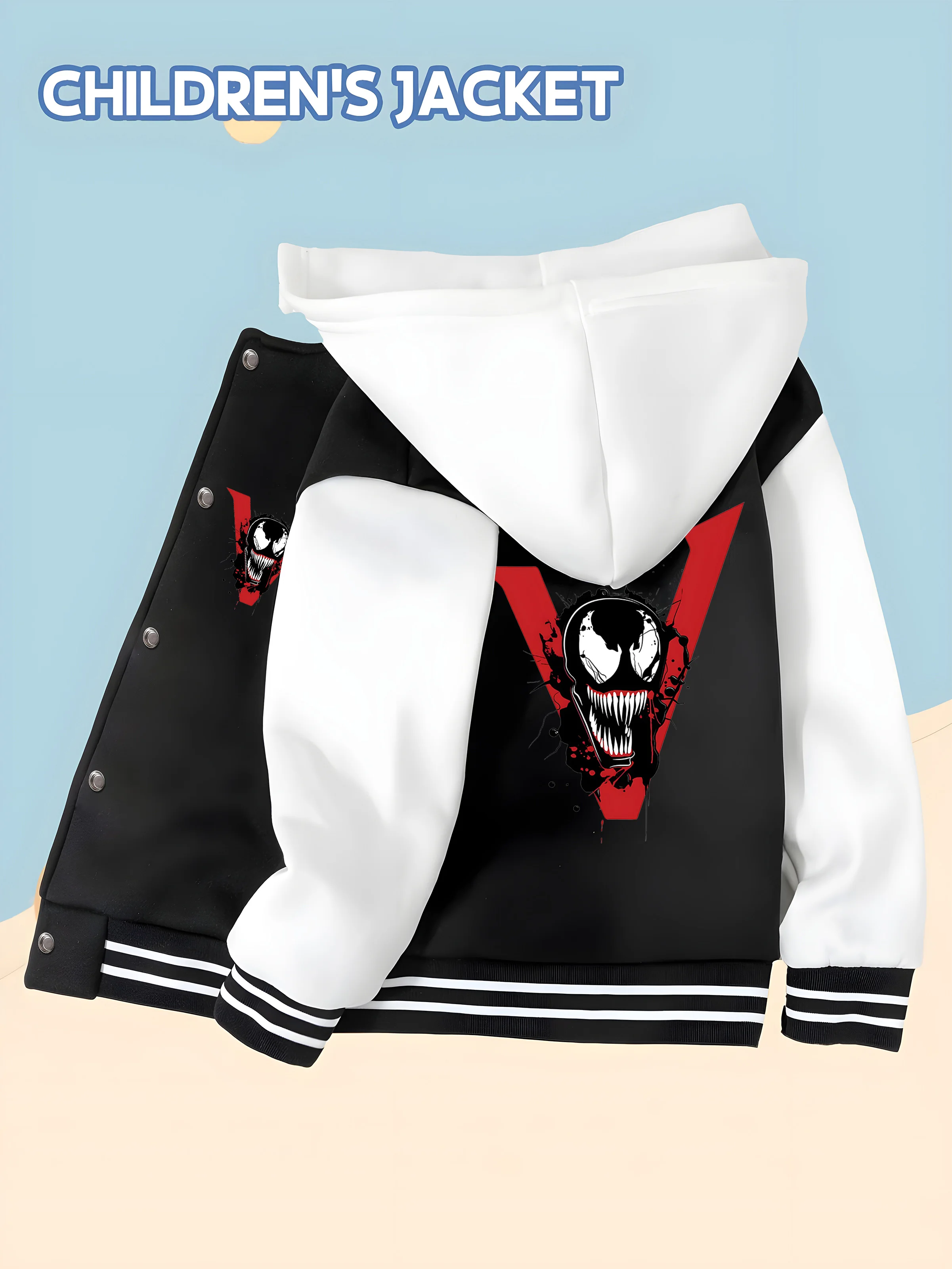 

MINISO Marvel Boys' Baseball Jacket - Venom Domineering Print, Double-sided Pattern, Comfortable Fabric, Black and White, Fashio