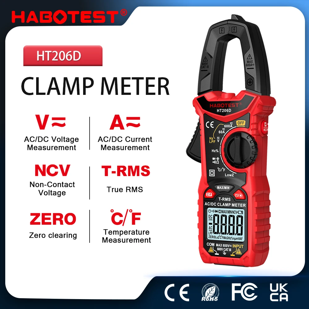 HABOTEST HT206A/D Digital Clamp Meter Multimeter Pinza Amperimetrica True RMS High Precision Capacitance NCV Ohm Hz Tester