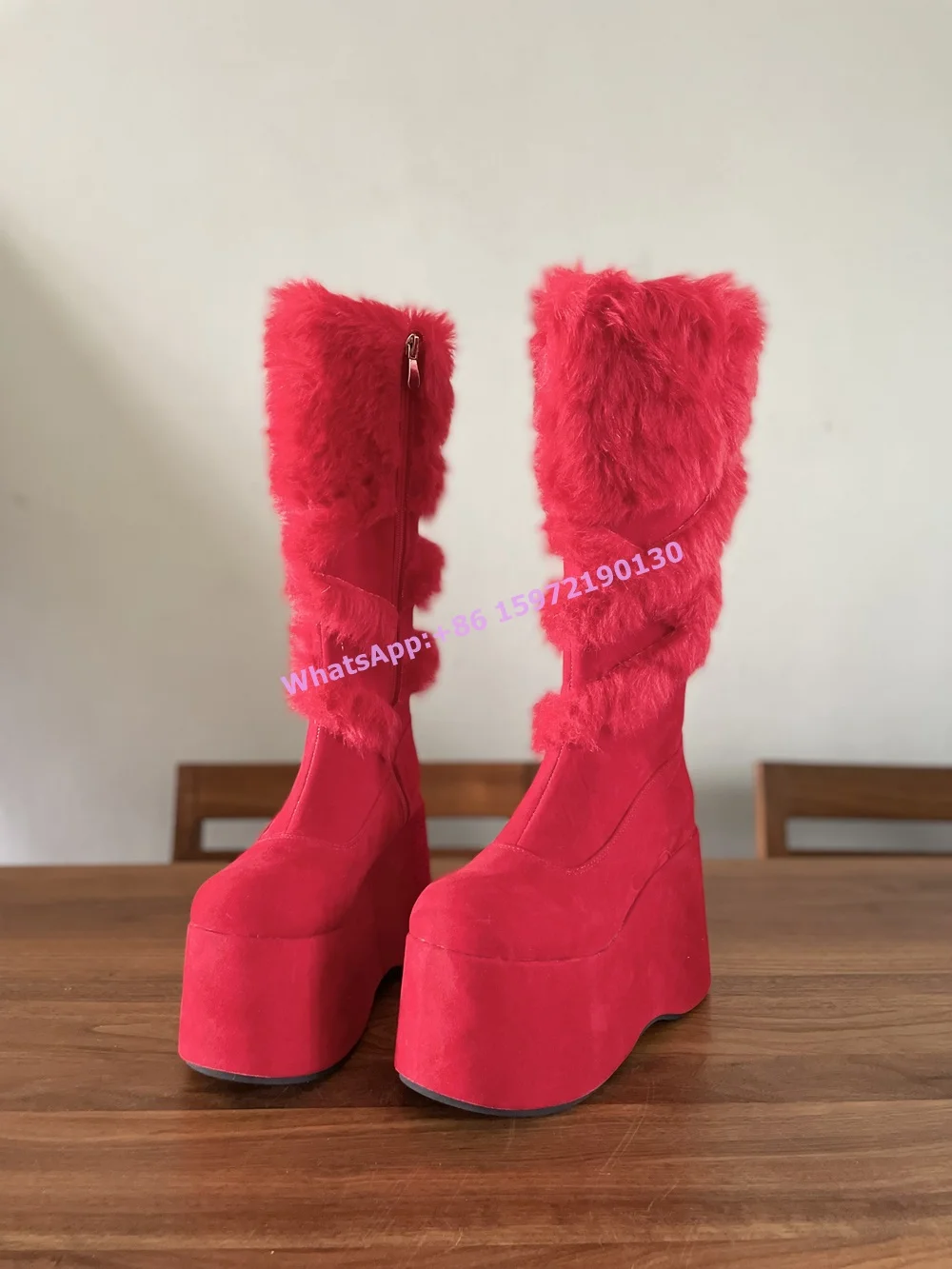 Furry Red Long Boots Round Toe Thick Soled Platform 11 Cm Solid Boots Winter Women's Large Size Runway Sexy Knee High Boots