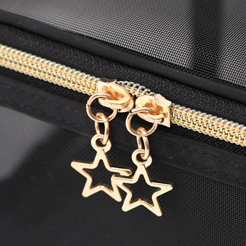Bolsa de cosméticos de malla con letras doradas y negras para mujer, estuche organizador de cepillos de estrella de viaje, bolsa de maquillaje de aseo transparente grande, caja de kits