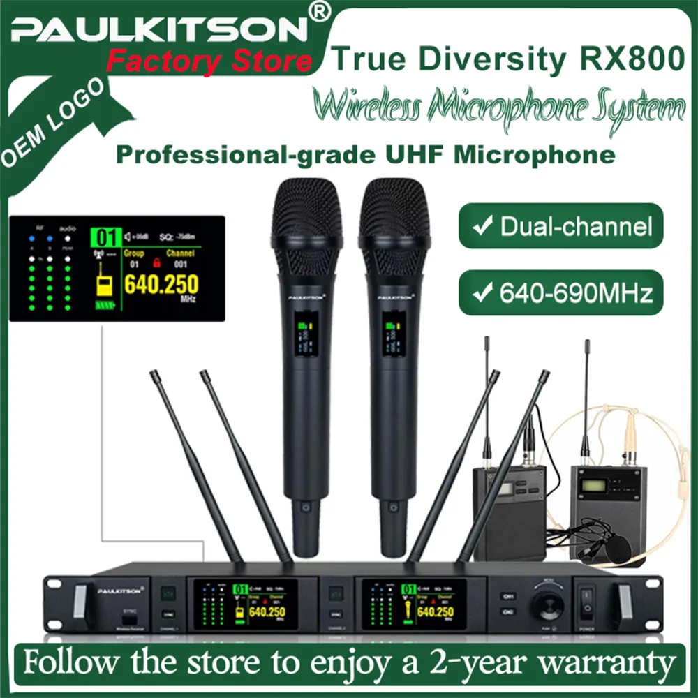 Paulkitson RX8 True Diversity UHF Wireless Microphone System 200M 200CH Dual Handheld Mic with 15-Band EQ Spectrum Analyzer