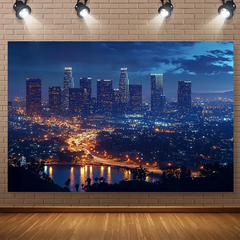 Modern City Skyline Night View Tapestry Wall Hanging Decorative Urban Art Print Panoramic Metropolitan Landscape Decor for Home