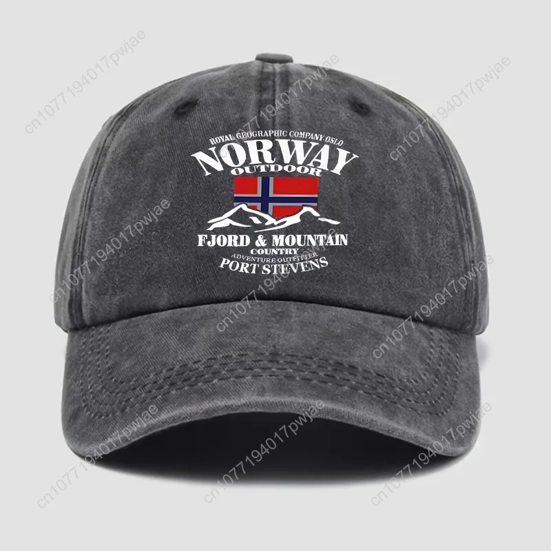 Klassieke gewassen baseballpet met "Norway" printpatroon op de hoed. Verstelbare hoed, ideale zonnehoed voor buitenactiviteiten, unisex
