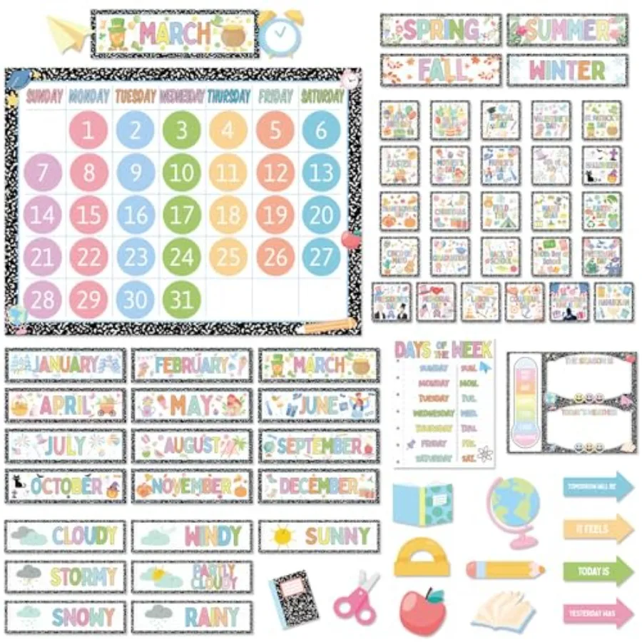 

Classroom Calendar Bulletin Board Set Notebook Classroom Decor Pastel Calendar Seasons Weather Chart Bulletin Board Pencil Appl