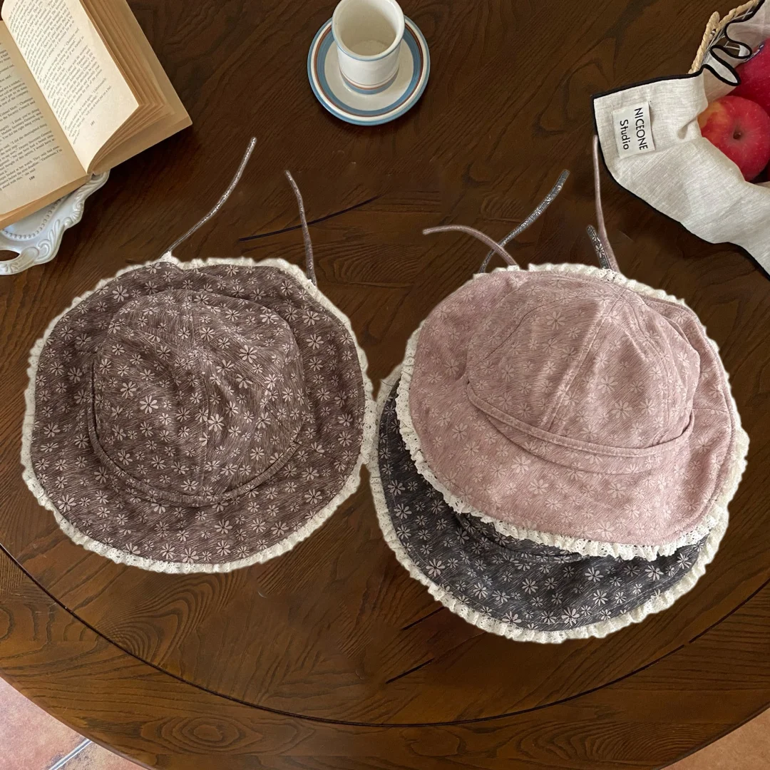 2026 Autumn Casual Children Hat Floral Lace Trim Bucket Hat For Girls Outdoor Kids Sun Hat With Chin Strap