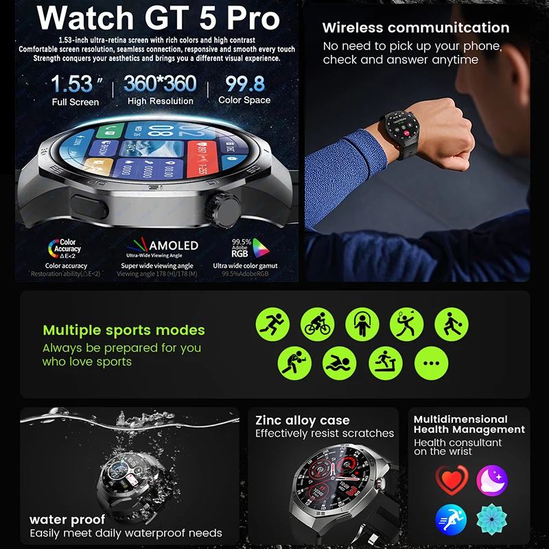 Nuovo GT5 Pro Astuto Della Vigilanza Degli Uomini Per Huawei HD AMOLED Schermo GPS Traiettoria di Movimento Frequenza Cardiaca Chiamata Bluetooth Sport Astuto Della Vigilanza IP68
