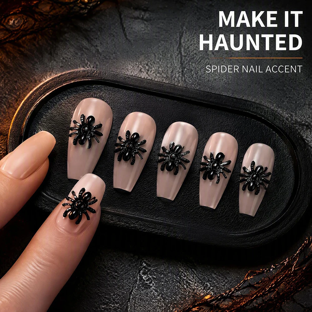 50 Stück 3D Spinnen-Nagelcharms aus Harz in Schwarz, Gold und Silber, Vintage Halloween Strass-Accessoires im Gothic-Stil für DIY-Projekte – Detail 4