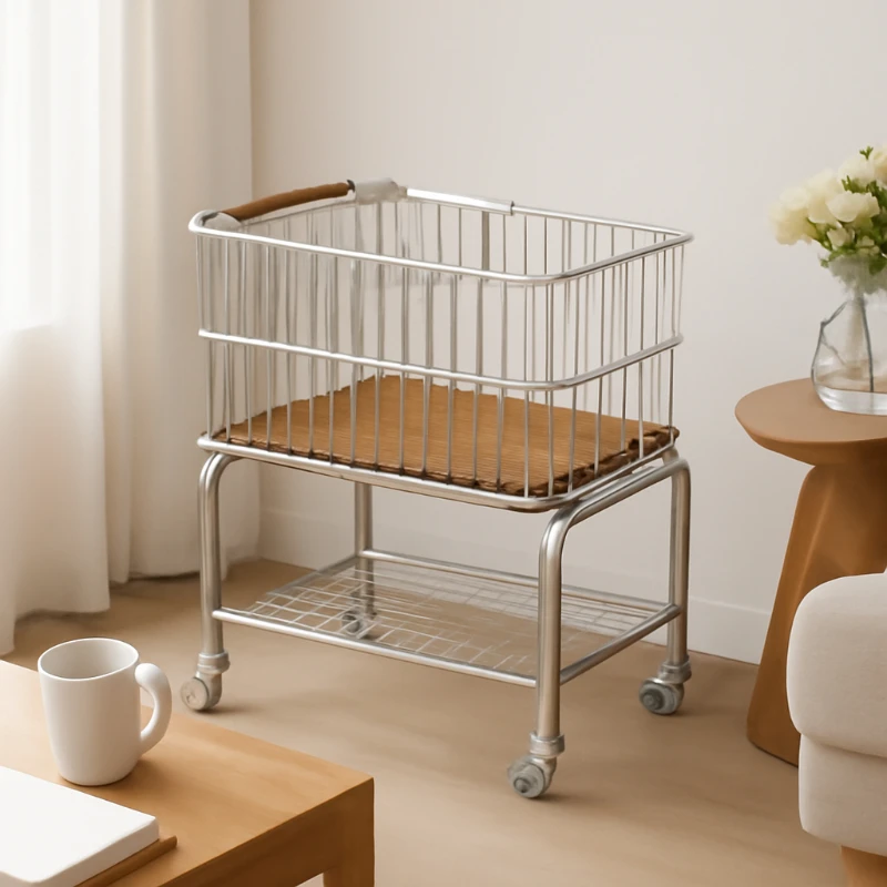 

Stainless Steel Laundry Basket Double Layer Storage Cart Bathroom Clothes Organizer Mobile Shelf Medieval Style Rack