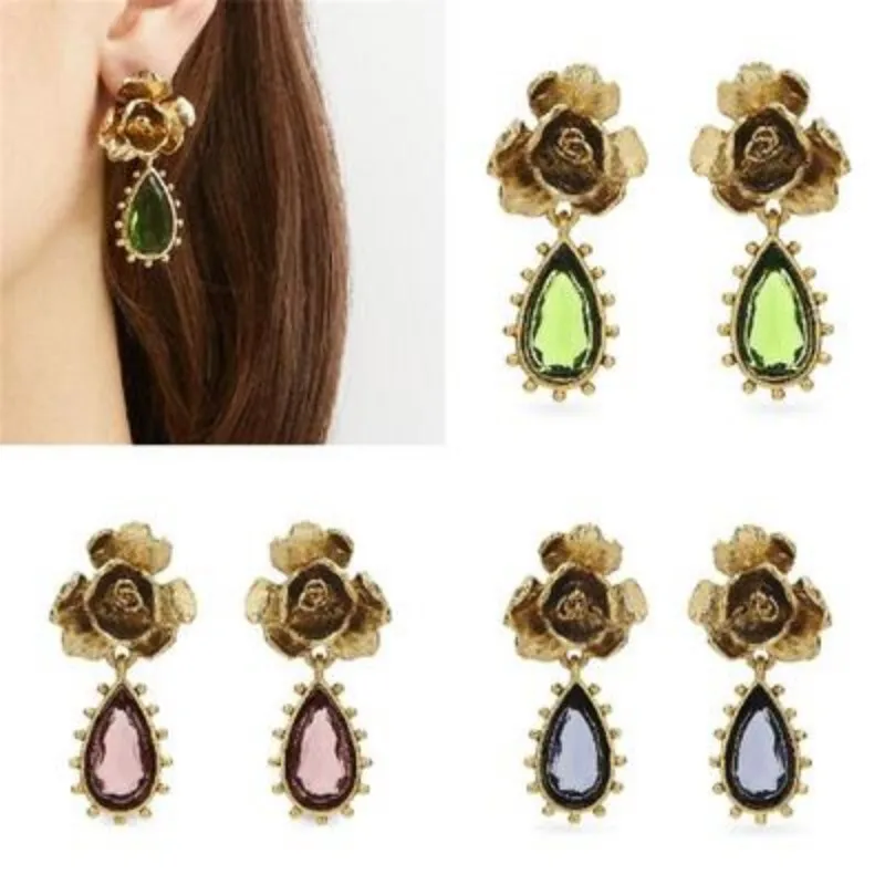 

European style retro stereoscopic flowers colored diamond stud earrings for women