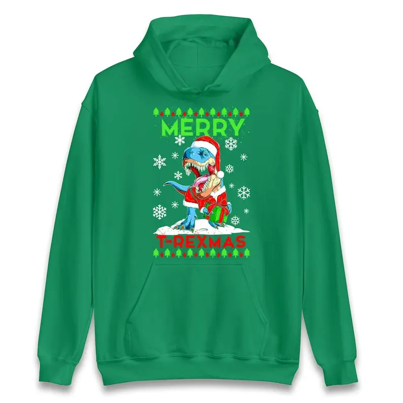 Merry T Rex Christmas Sweatshirt Funny Santa Claus Xmas Hoodie Holiday Gift Creative Cool Pattern Autumn and Winter Pullover