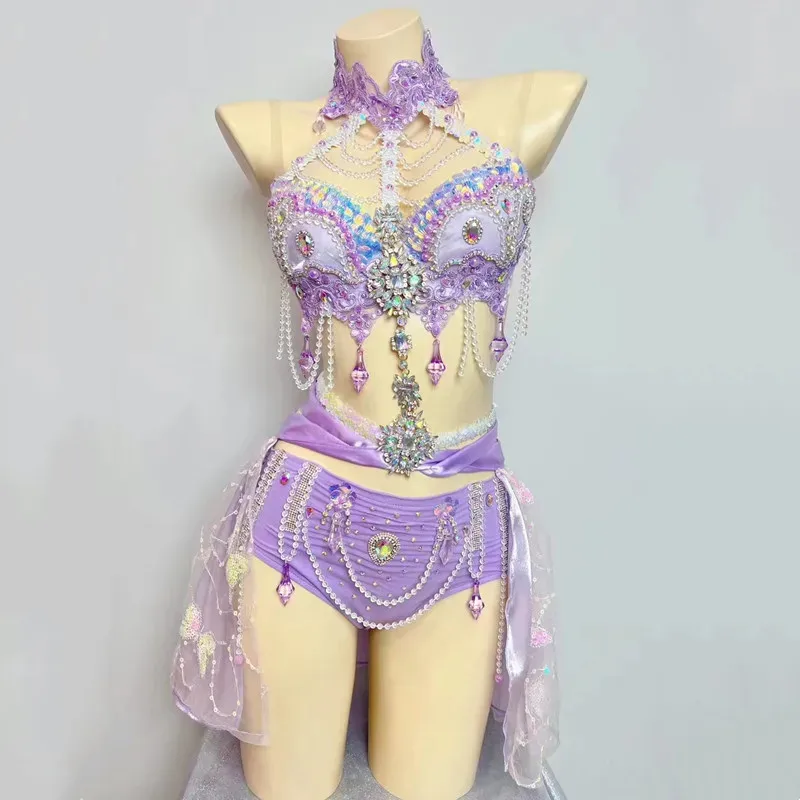 

Purple Scale Bling Rhinestones Bikini Sexy Stage Wear Mermaid Performance Dance Costume Musical Festival DJ Dancer Rave Outfit