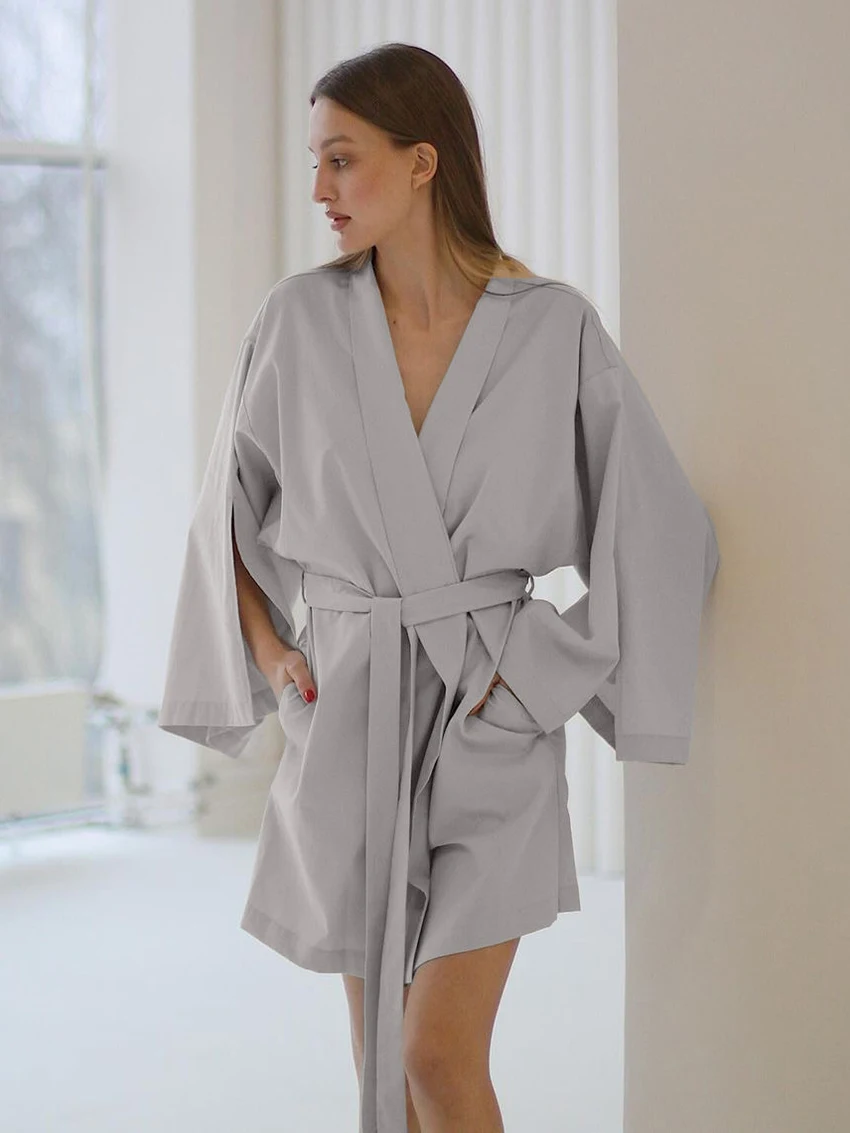 Marthaqiqi Loose Women'S Nightwear Sexy V-Neck Sleepwear Long Sleeve Nightgowns Lace Up Pajamas Mini Dress Causal Home Clothes