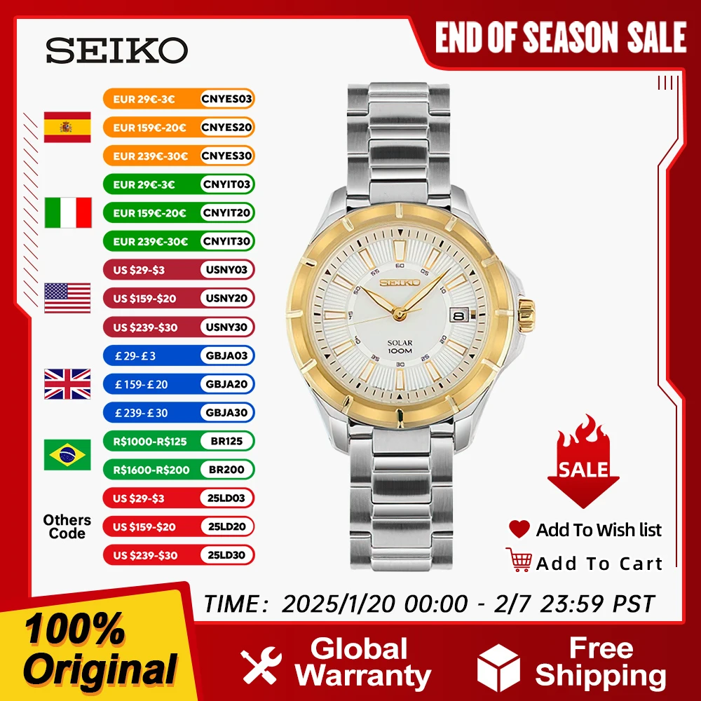 Seiko Men's Quartz Watch Solar Series Original Japanese 10 Bar Waterproof Metal Silver Wristband Leisure Business Watch