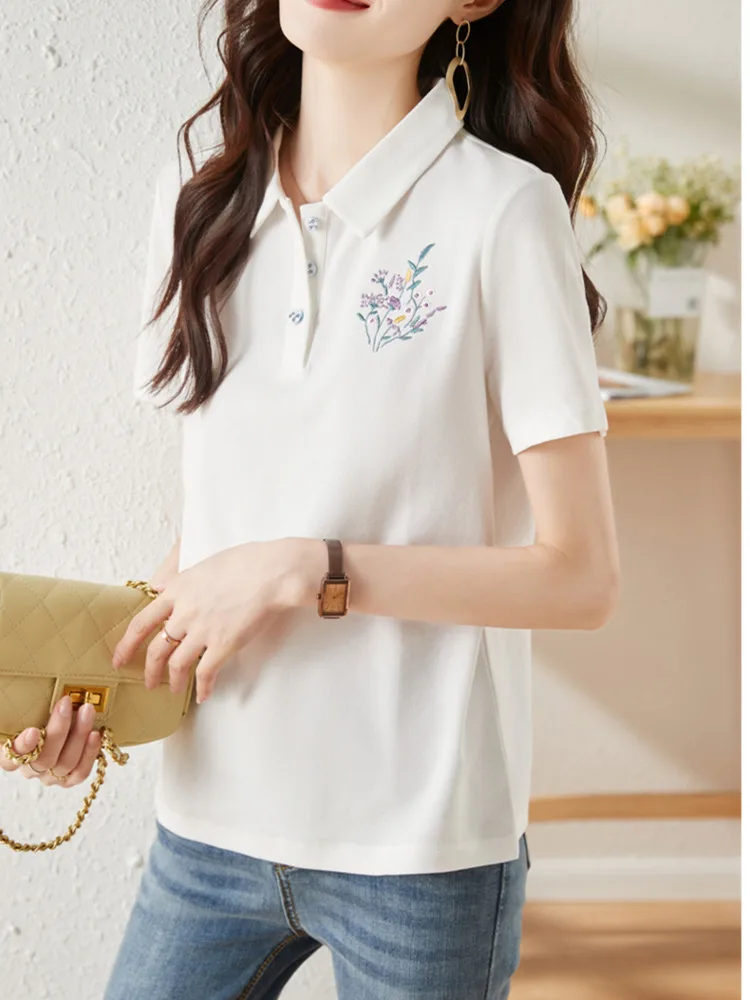 #3358 White Blue Purple Polo Shirts Women Embroidery Floral Loose Office Shirts Female Turn-down Collar Buttons Vintage Summer