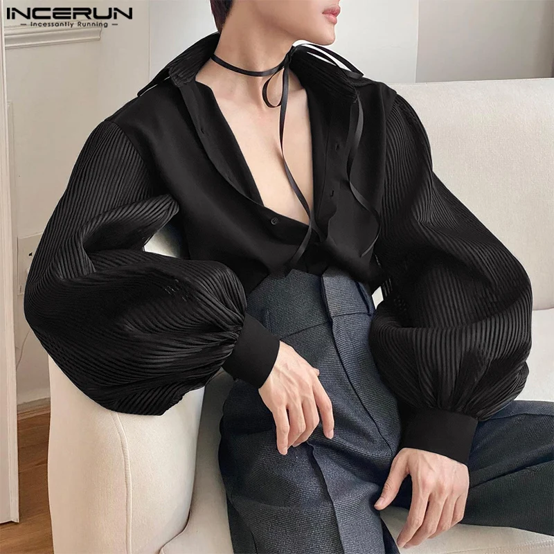 INCERUN Men Shirt 2026 Korean Style Fashion Men Shirts Casual Patchwork Puff Long Sleeve Leisure Streetwear Men Clothing