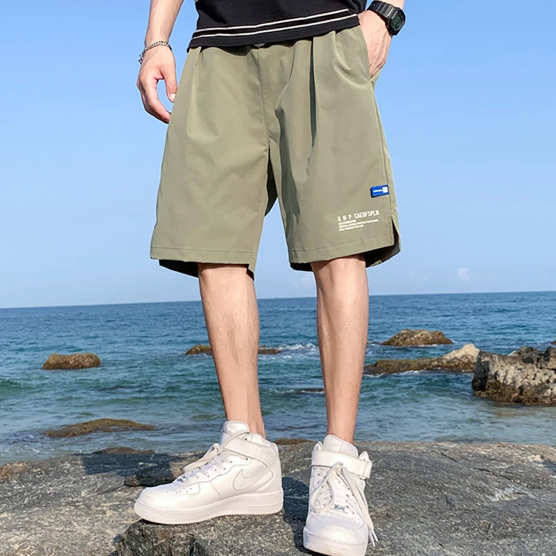 Summer Men's Loose Thin Shorts Elastic Waist Ice Silk Cargo Knee-length Short Pants Korean Fashion Streetwear Beach Shorts Men