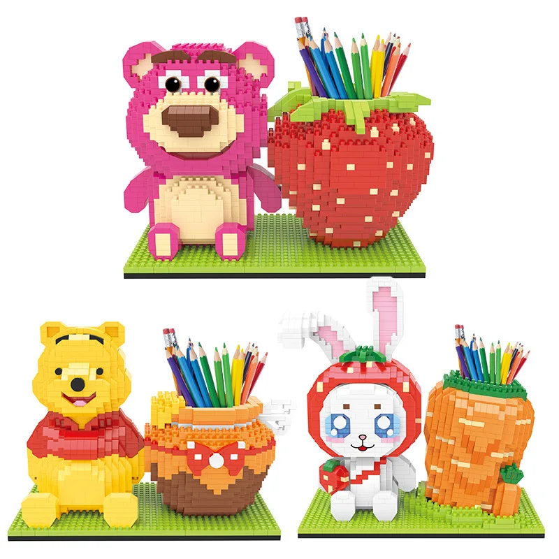 Anime Cartoon Building Blocks Strawberry Bear Bunny Rabbit Winnie The Pooh Pen Holder Assembled Toy Children\'s Birthday Gift