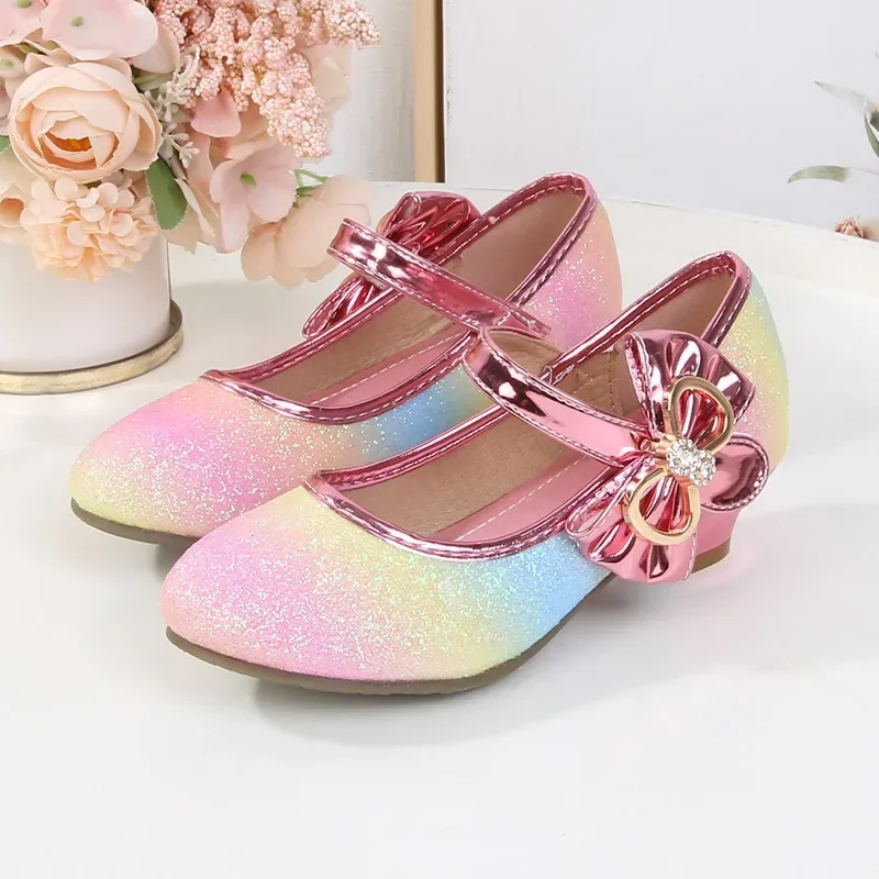 Sweet Girls High Heels Elegant Bowknot Kids Leather Shoe for Wedding Party Fashion Performance Versatile Children Princess Shoes