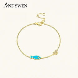 ANDYWEN New 925 Sterling Silver Blue Fish Heart Chain Bracelet Women Luxury Zircon CZ 2023 New Arrivals Rock Punk Fine Jewelry