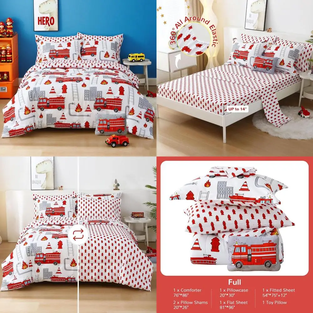 

Комплект одеял на тему пожарной машины из 8 предметов для мальчиков: белое постельное белье из микрофибры с простынями, подушками и декоративными подушками
