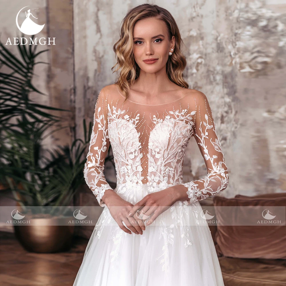 Aedmgh A-Line Elegant Wedding Dresses 2024 O-Neck Long Sleeve Vestido De Novia Lace Beaded Appliques Sweep Train Robe De Mariee