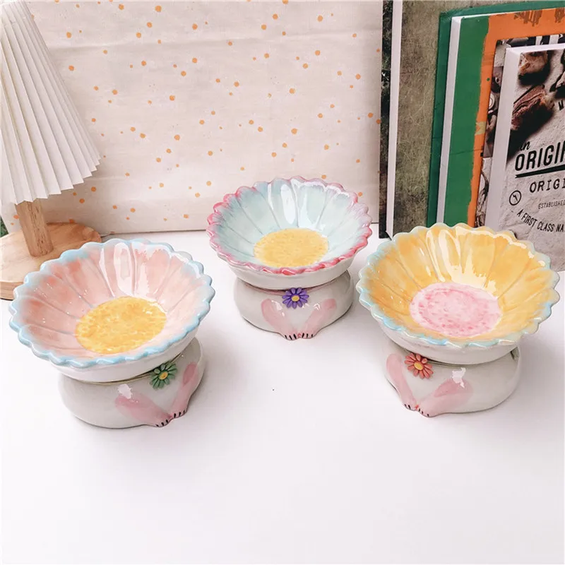 Ceramic Eating Basin Sunflower Bowl Tilt Pet Supplies Cartoon Flower Shape Dog Food Tray Accessories