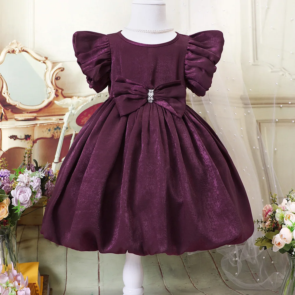 2024 Summer New Arrival Girls Short Puff Sleeve Bow Sashes Purple Dress Infantil Menina Cute Party Dress Custume 4-7T