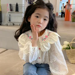 Girls Blouses New Shirt Children Clothing White Lotus Collar Printing Fashion Trend Hollowed Out Flower Pattern Casual Simple