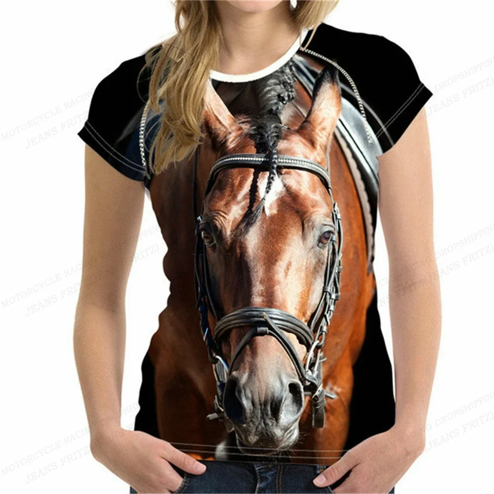 Camiseta con estampado 3d de caballo para mujer, Top de manga corta con cuello redondo de gran tamaño, ropa de animales para niña