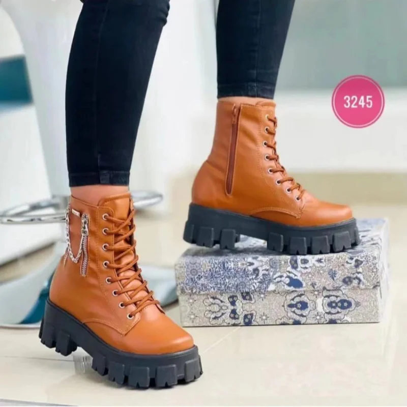 2023 Winter Trend Women\'s Boots Patent Leather Zipper Warm Punk Gothic Combat Boots Lace Up Sports Casual Thick Sole Biker Boots