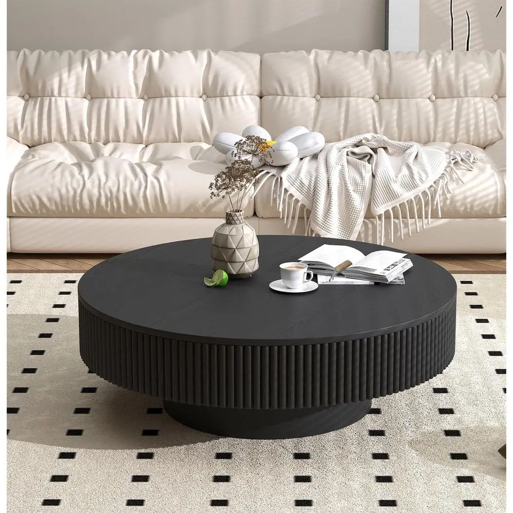 

Modern Round Black Fluted Coffee Table for Small Living Spaces, Mid-Century Accent Table for Apartments