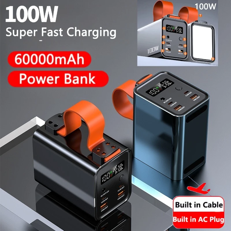 

Power Bank 60000mAh with 66W DC Output USB C PD 100W Fast Charging Powerbank for iPhone Huawei Xiaomi Samsung Laptop Powerbank