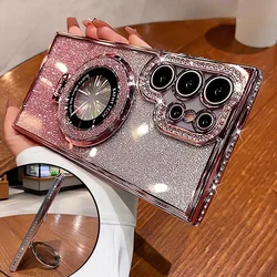 Luxury Glitter Magsafe Bracket Diamond Case for Samsung Galaxy S25 Edge S24 Ultra S23 S22 Plus FE A55 A35 A25 A24 Plating Cover