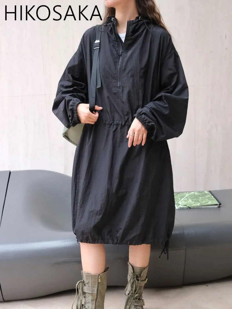 

Japanese Safari Style Loose Casual Windbreaker Drawstring Hooded Long Sleeve Mid-length Coat Solid All-match Pullover Jacket